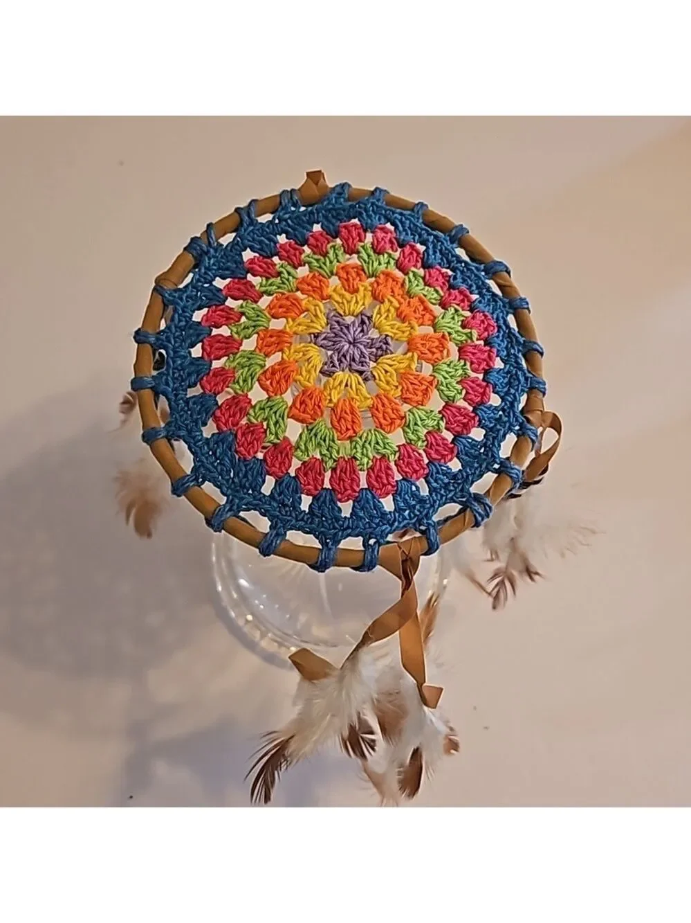 Hand Crafted crochet dreamcatcher multicolored floral eclectic textile decor